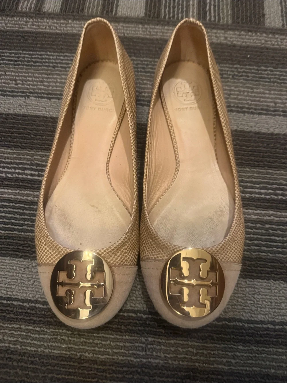 Tory Burch Beige Ballet Flats with Gold Logo Medallion